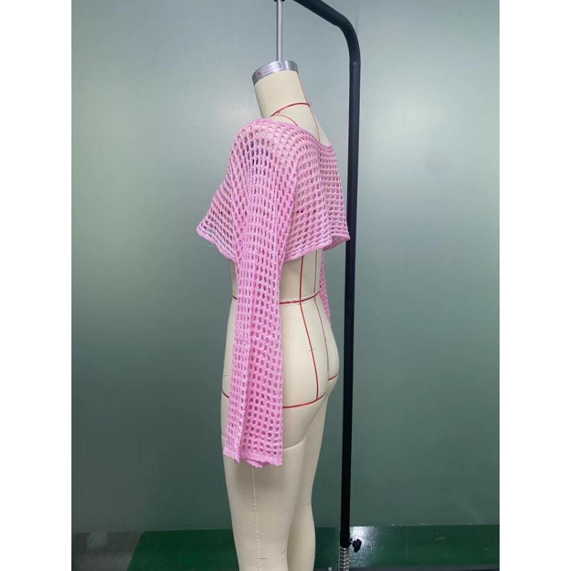 Women's Cover Ups Fall Women's Hand Hook Sweater Casual Ultra Short Flared Sleeve Sexy Mesh Cover Up