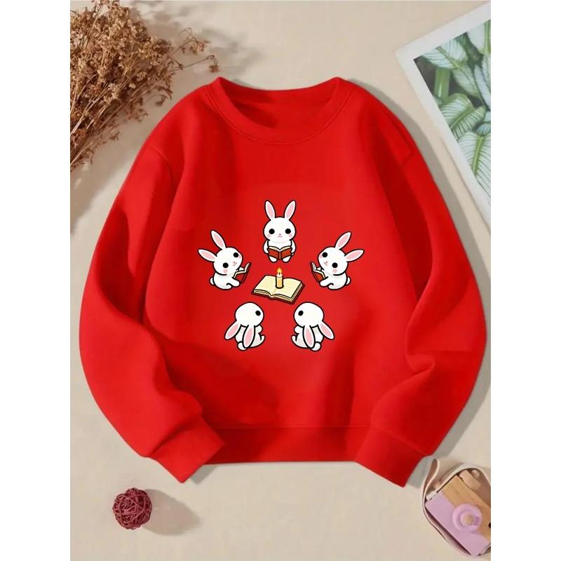 European sizes Kids' Crewneck Sweatshirt - Cute Rabbits Reading Books Candle , Sportswear And Casual Wear, Soft And Comfortable, Children's Clothing