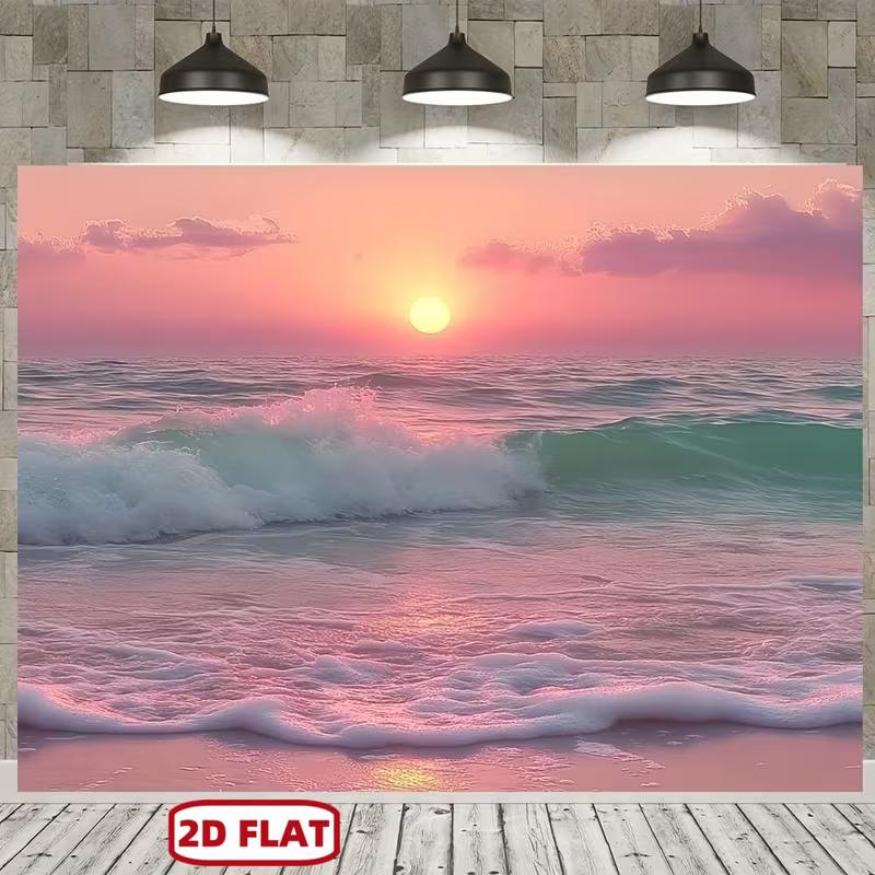 2D HD Romantic Beach Sunset Banner, Pink Sky Ocean Backdrop for Party & Home Decor