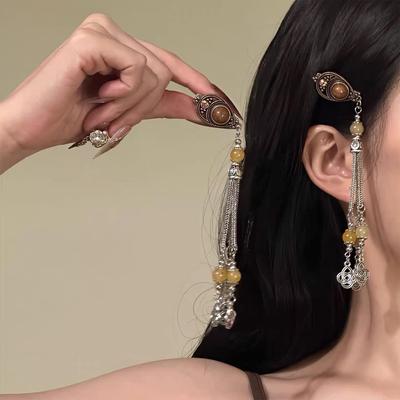 Ethnic Style Retro Brown Tassel Hair Clip for Women - High-End Long Side Clip Hair Accessory