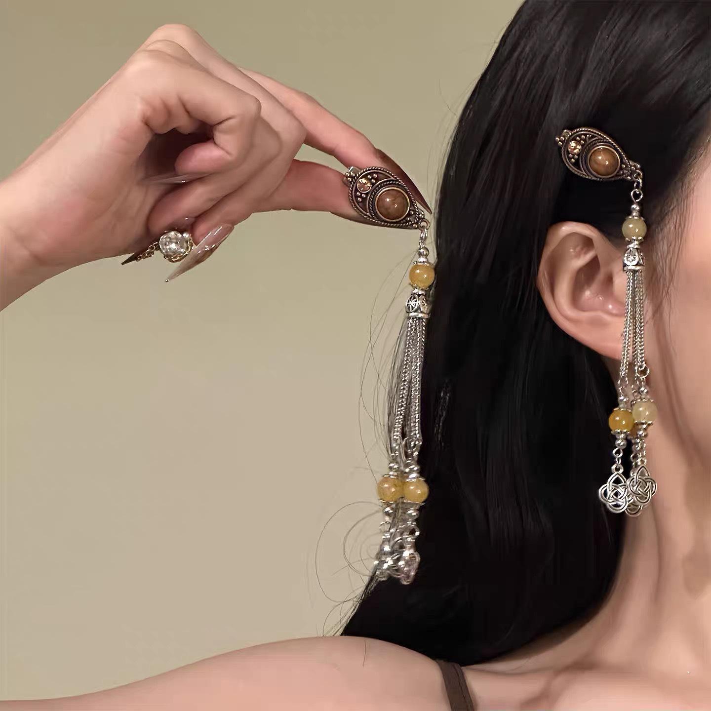 Ethnic Style Retro Brown Tassel Hair Clip for Women - High-End Long Side Clip Hair Accessory
