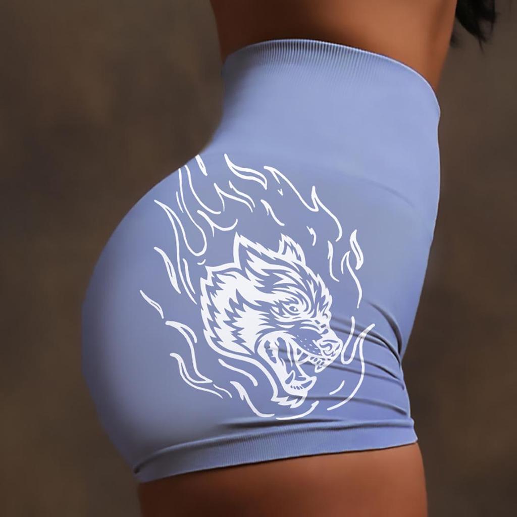 Nahtlose High-Waist Yoga-Shorts - Damen Elastisches Wolfskopf-Design