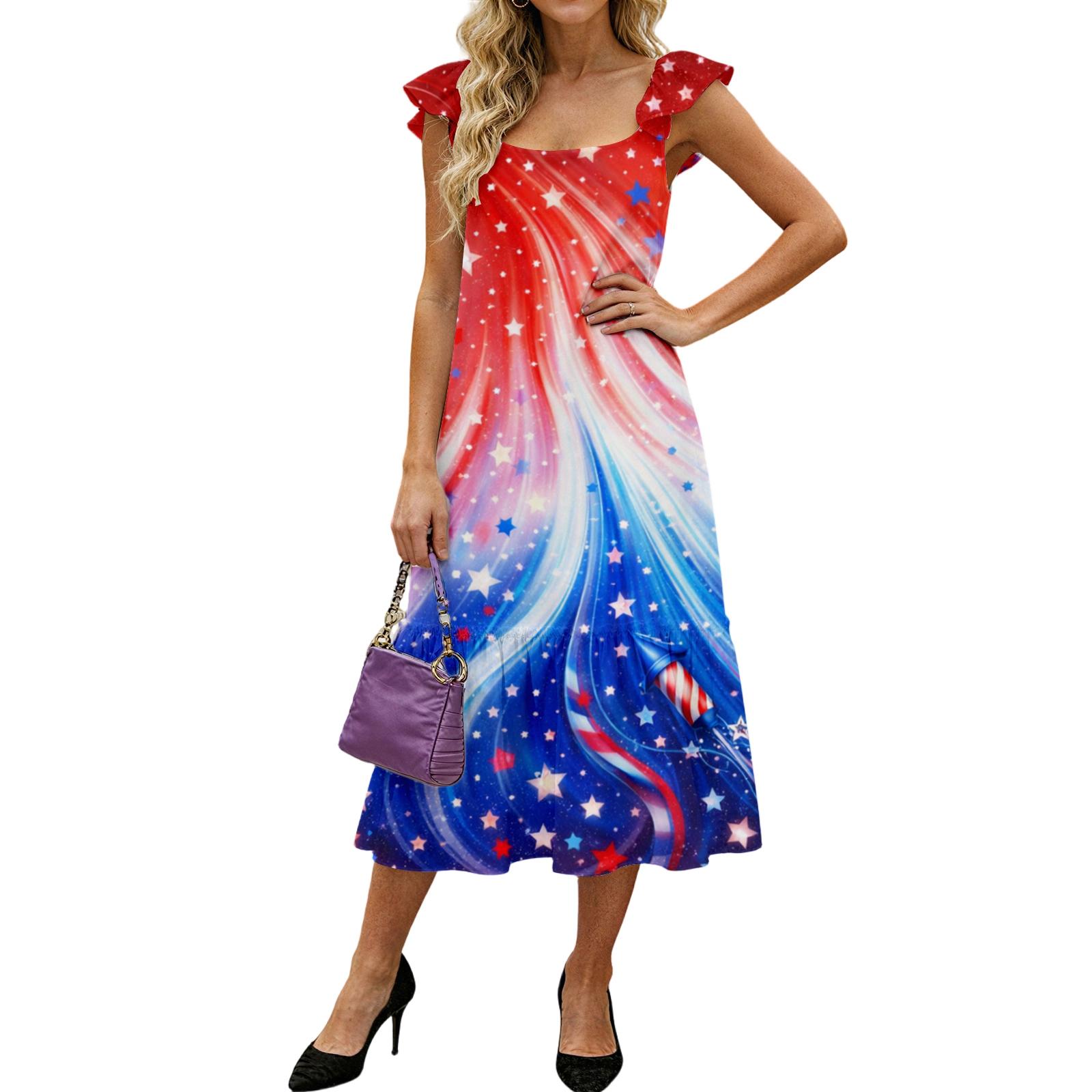 

Women s Fashion Loose Mid-length Ruffled Flying Sleeve Independence Day Printed Dress XL кавун червоний колір
