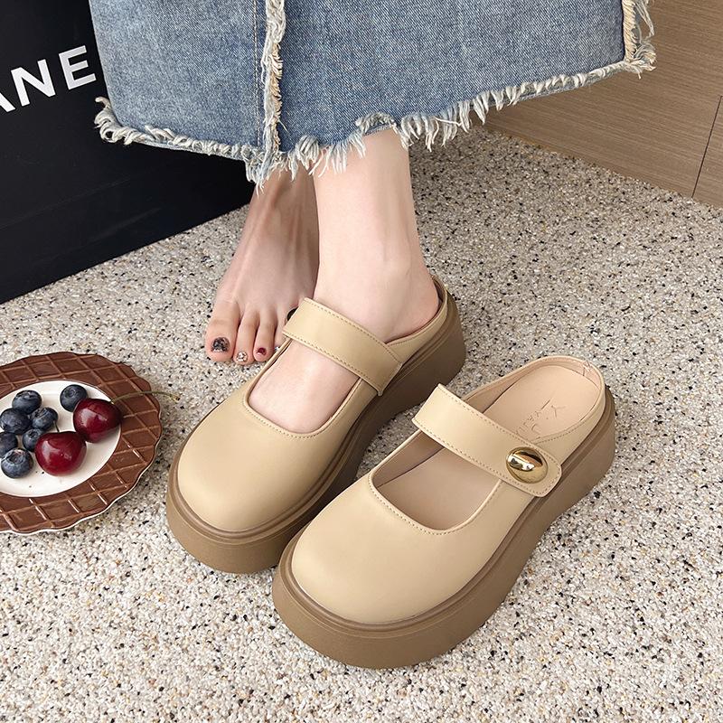 French Small Leather Shoes Women's 2025 Spring New Retro Platform Mary Jane Love Thick Heel Round Head British Style Half Drag