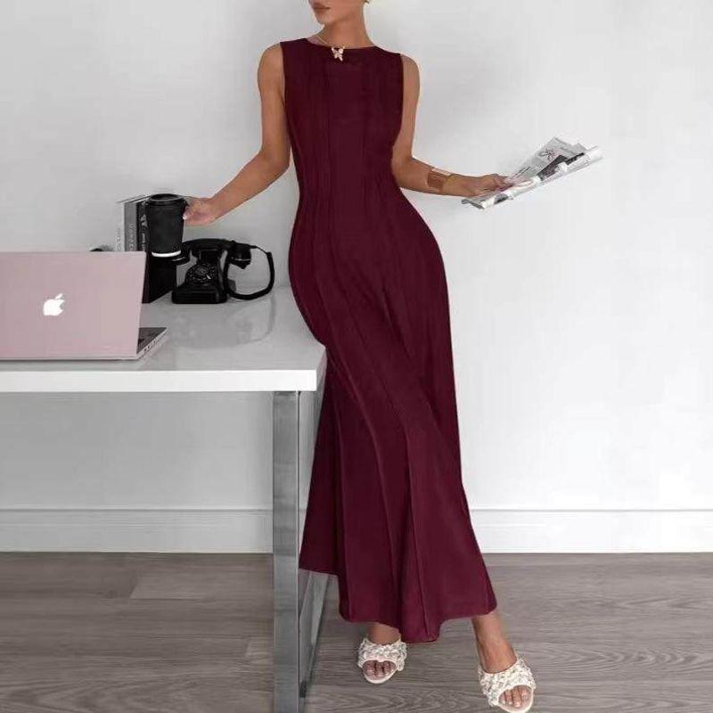 New Elegant Women s Sleeveless Pleated Dress Burgundy [Ready in Stock] XL