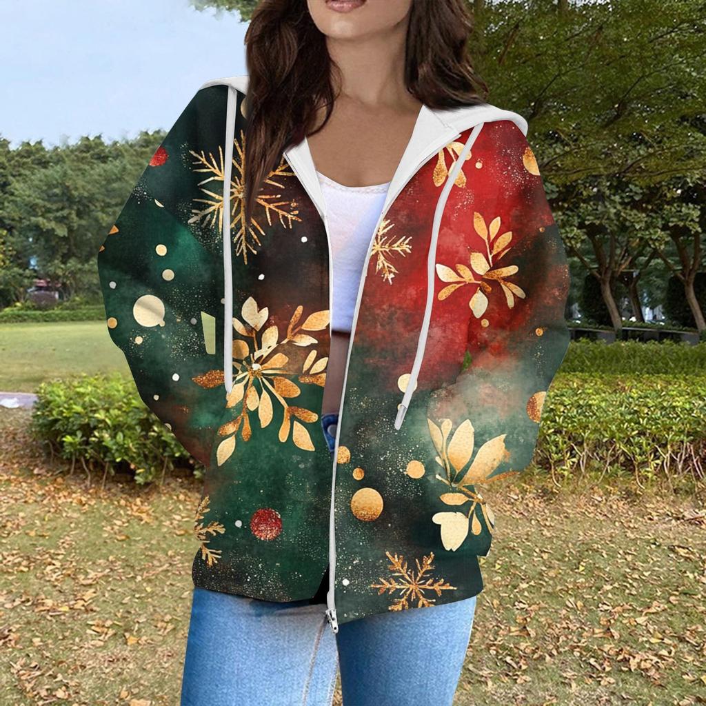 Women's Fashion Casual Christmas Print Long Sleeve Sweatshirt Pocket Jacket Zipper Hoodie Coat