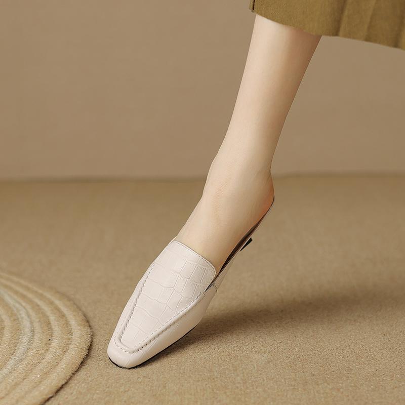 2024 New Summer Real Leather High Heels Half Slippers Women Square Toe Slip on Mules Ladies Fashion Dress Slides Shoes Female
