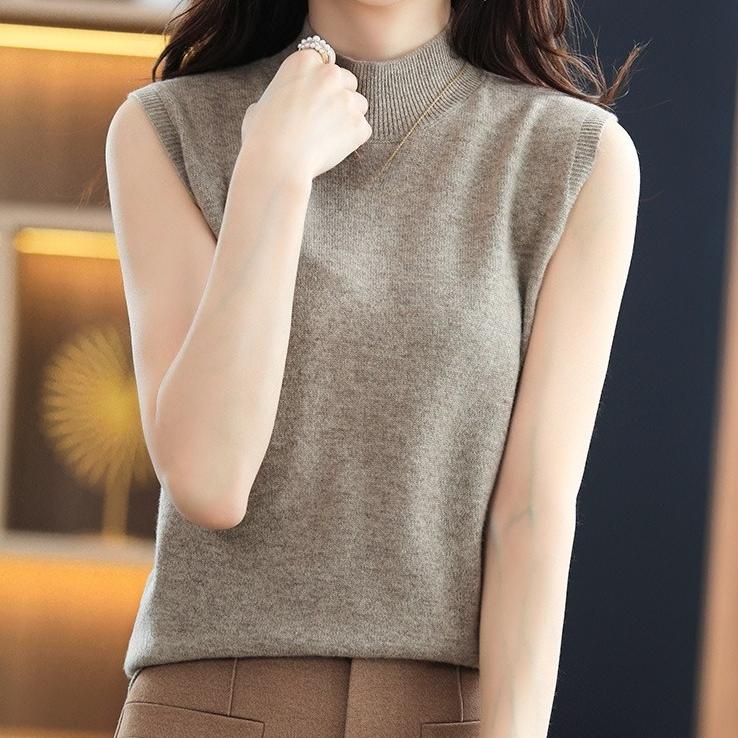 TIFICY Women's Fashion Casual Fall Winter Solid Color Print Sleeveless Half Turtleneck Tops Women's Clothing Woolen Knitwear Sweaters
