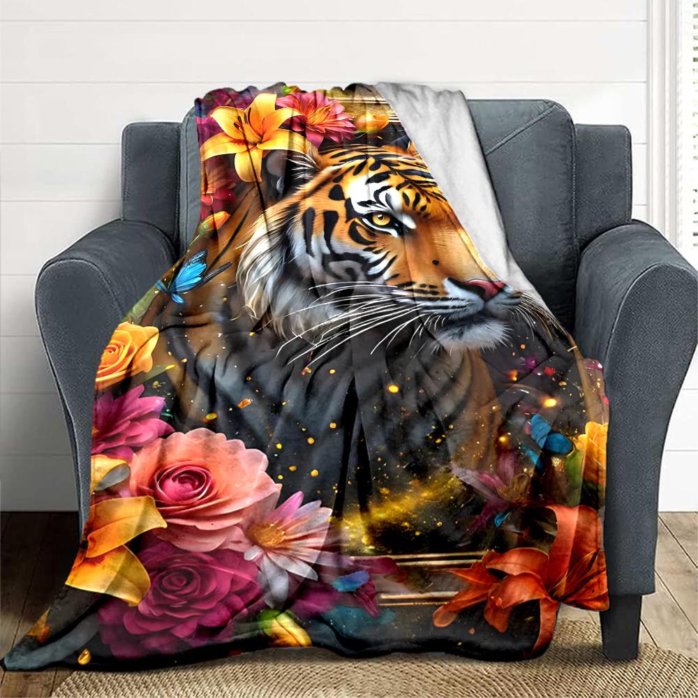 1pc Tiger Portrait Blanket Lightweight Flannel Blanket Throw Blanket For Sofa, Bed, Travel, Camping, Livingroom, Couch, Chair, And Bed yy2509026219