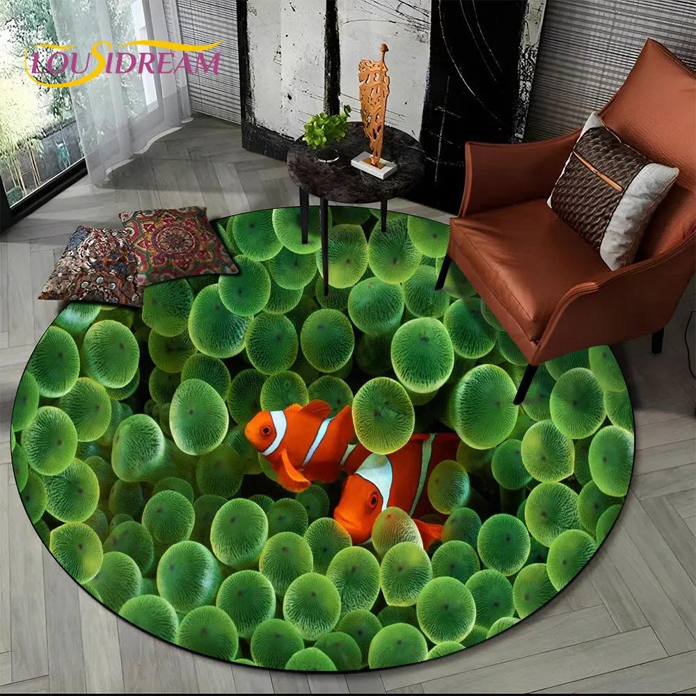 3D Seabed Underwater World Dolphin Turtle Round Area Rug,Carpet for Living Room Bedroom Sofa Playroom Decor,Non-slip Floor Mat