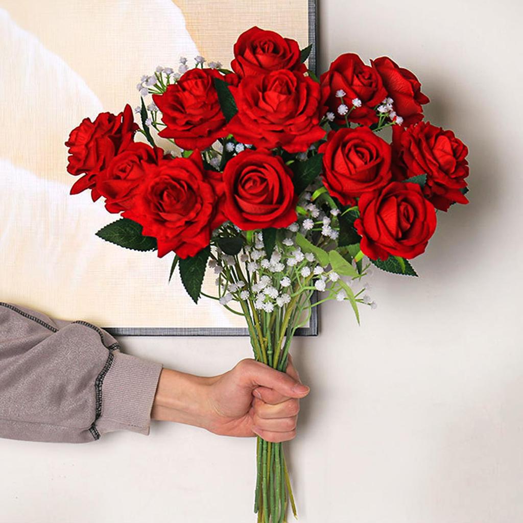 15PCS Simulation Velvet Roses Real Touch Artificial Flowers for Wedding Decor Home Party Red Velvet Cloth Roses 50cm