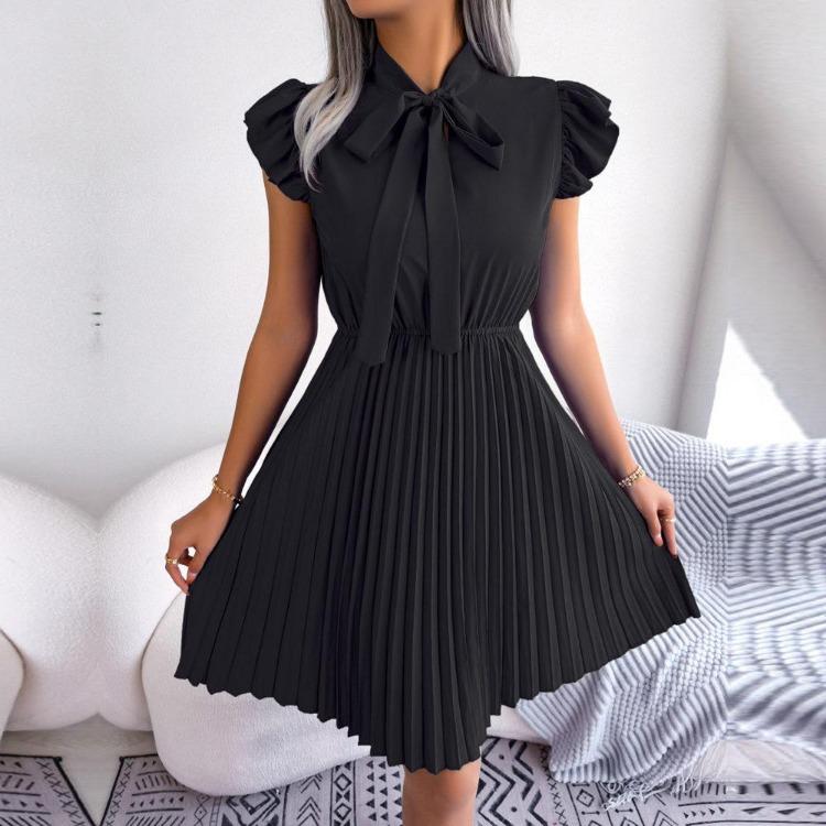 Women Elegant High Waist Pleated Dress with Lace Up Detail and Large Fold Bow Collar Solid Color Spring Summer Fashion