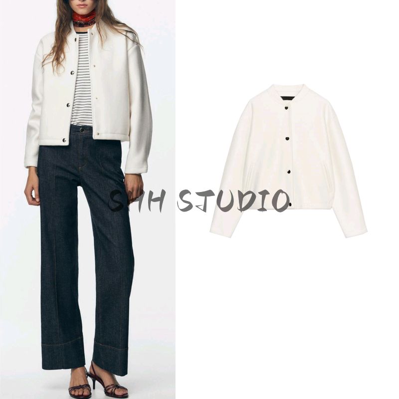 Fall Women's Clothing Minimalist Style round Neck Long Sleeves Gold Button Soft Pilot Jacket Outwear 4968022