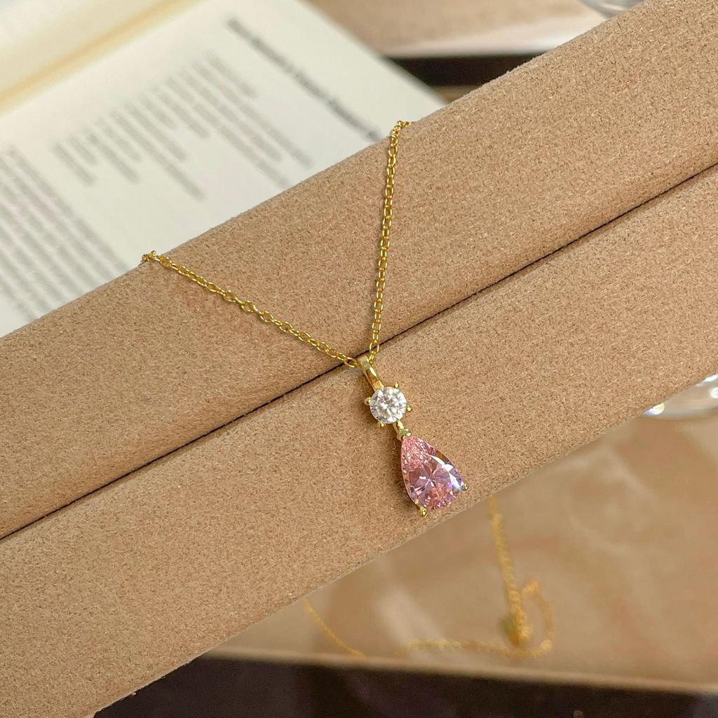 Minimalist Korean Sweet Pink Water Drop Necklace Minimally Exquisite Sparkling Clavicular Chain for Women