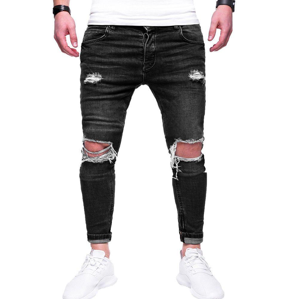 Premium Quality Slim Destroyed Stretchy Ripped Skinny Biker Jeans For Men Taped Fit Denim Pants