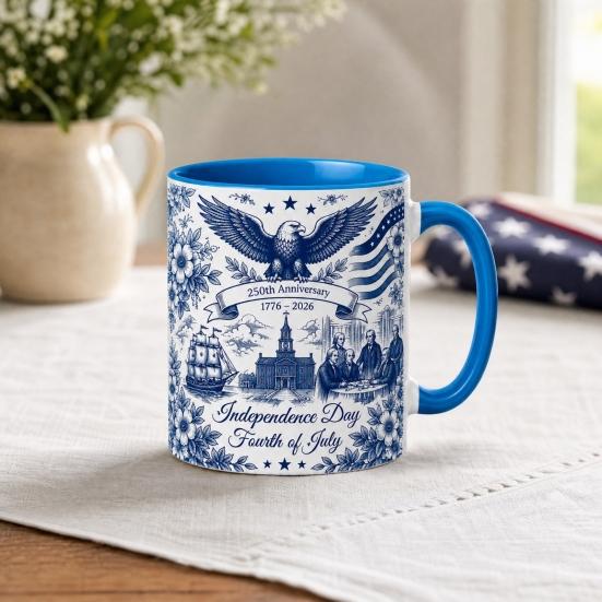 Yousheng USA 250th Anniversary Blue Mug, Patriotic Ceramic Coffee Cup with Eagle Flag Design, Independence Day Gift for Veterans Men Women