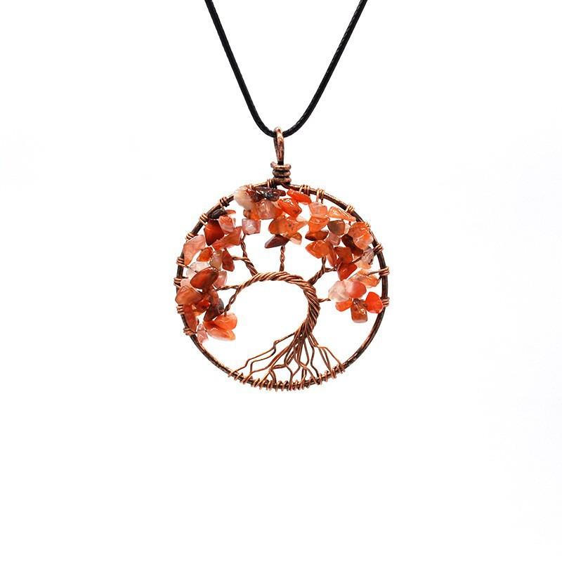 Hand-Wound Natural Stone Crystal Ancient Red Copper Curved Tree Of Life Curved Tree Necklace N01