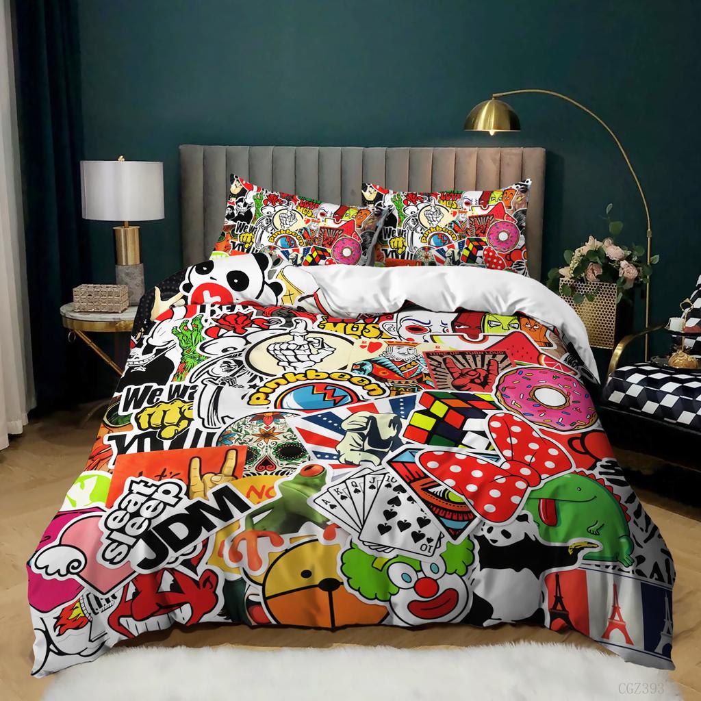 Kit 3D Digital Printing Cartoon Illustration Sticker Bed Three-Piece Quilt Cover Pillowcase