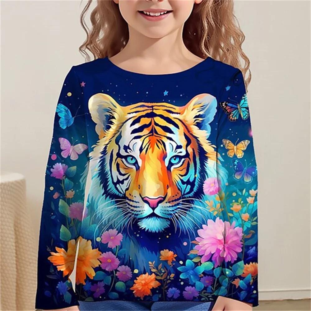 Dětské tričko Kawaii Trička s celými rukávy pro dívku Tygří kočka Roztomilá trička Oblečení 2023 Outdoorové oblečení Podzimní Kid Top O-Neck