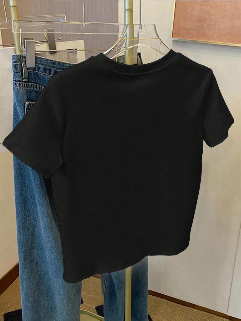 Women's European & American Summer Pearl Bow Print Slim Fit T-Shirt - Spicy Girl Design, Flattering Round Neck, Short Sleeve