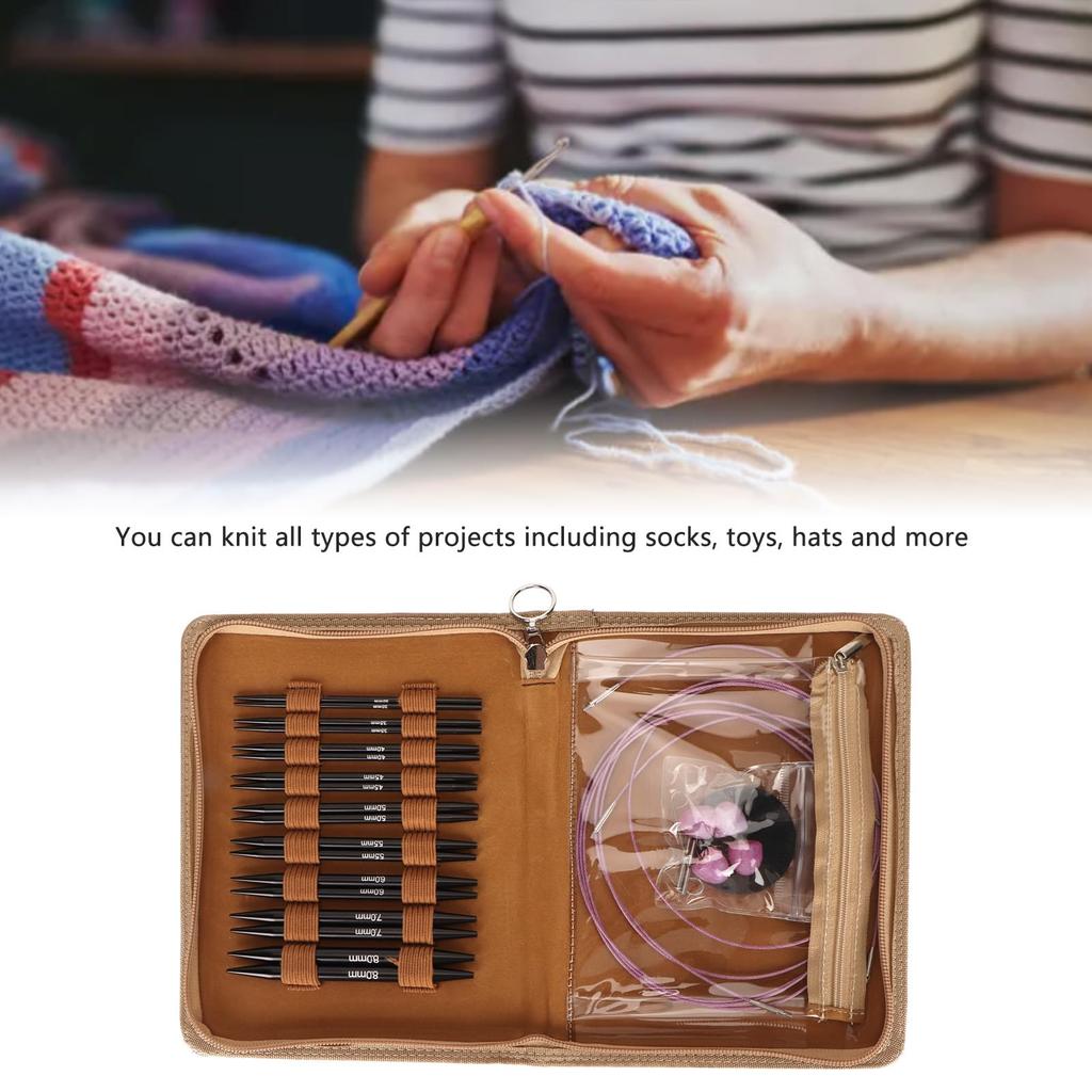 Crochet Hooks Circular Knitting Needles Set Aluminum Stainless Steel PU Crafts Weaving Knitting DIY Tools Home Use with Storage Handbag 3-6mm