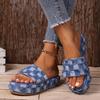 Women's Summer New Slippers with Fur Casual Denim Thousand Bird Plaid Fringed Thick-sole Slippers