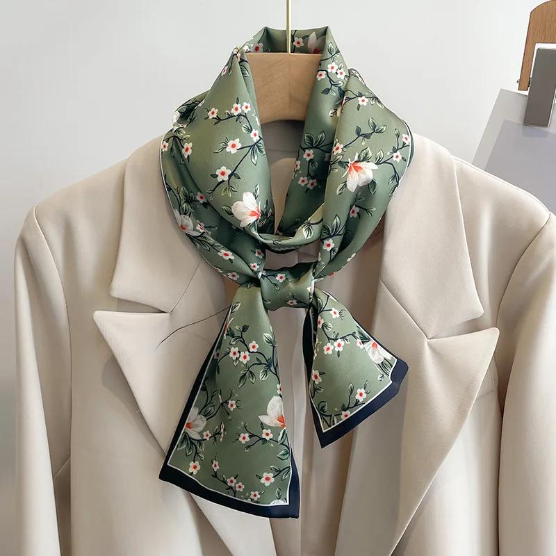 Fashion New Small Silk Scarf Women Tie Bag Headband Flower Printing Hairband Korean Style Neckerchief Ribbon Luxury Brand