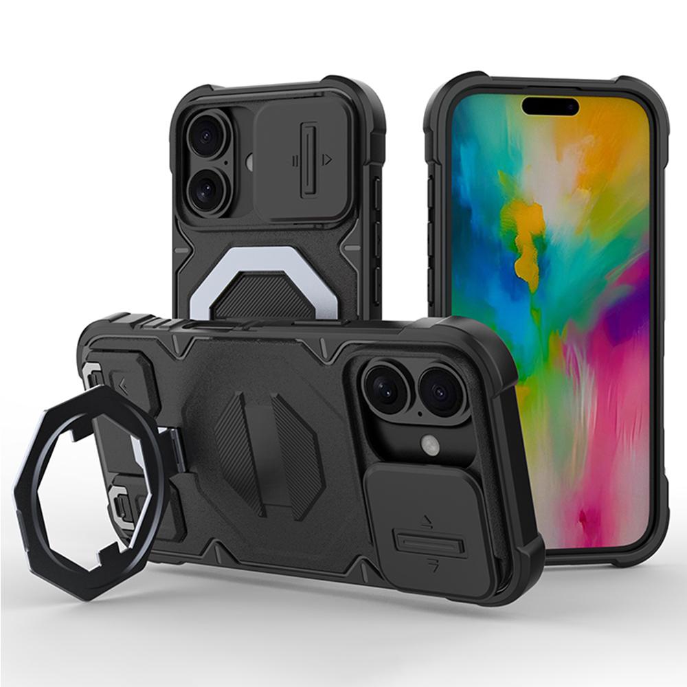 

Чохол для iPhone 16, сумісний із чохлом MagSafe PC+TPU із підставкою для телефону та шнурком - чорний