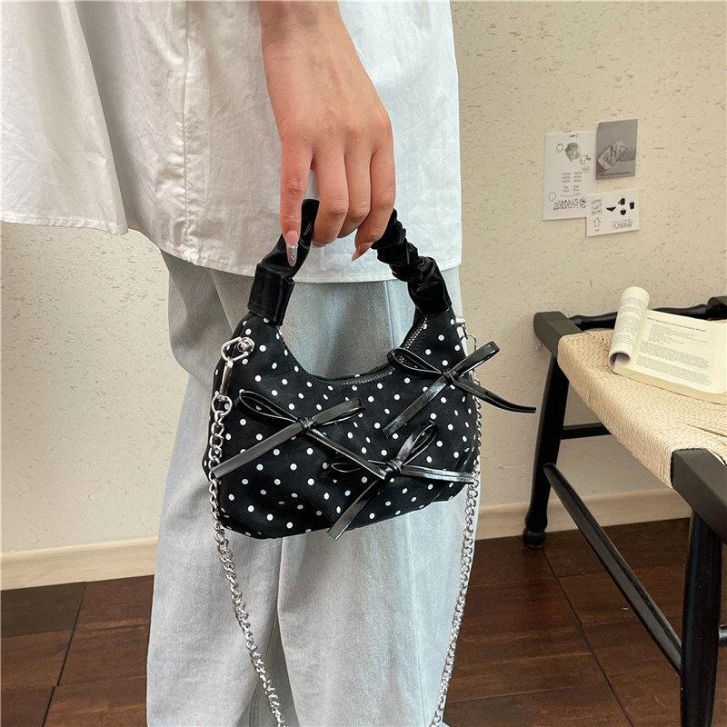 Korean-style niche pleated design handbag, fashiable and cute polka dot bow shoulder bag, high-appearance backpack for girls