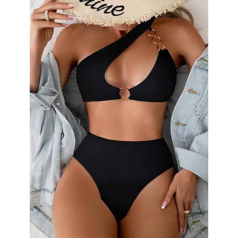 

Sexy Bikini Women Swimwear Swimsuit Black Hollow Single Shoulder High Waist Beach Bikinis Set Bathing Suit Metal Ring Decor S чорний