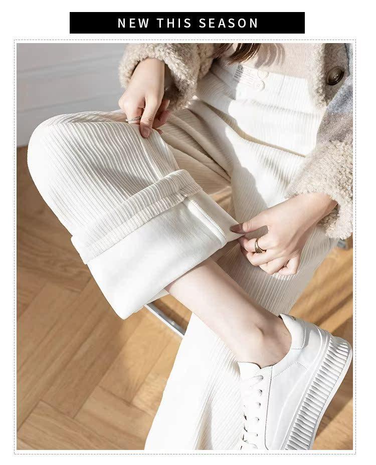 Petite Beige Fleece Chenille Wide-Leg Pants - Women’s High-Waisted Slim-Fit, Autumn/Winter Casual Straight-Leg XS-150