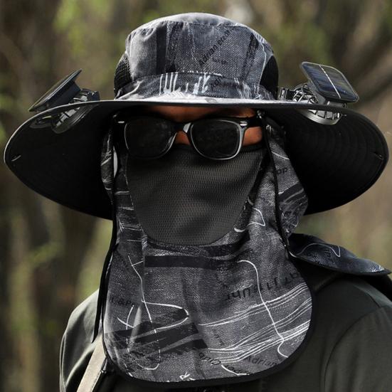 Pălărie solară cu ventilator cu clapă pentru gât Protecție facială cu boruri largi, protecție UV, ventilator de răcire, pălărie de pescuit, reîncărcabilă, pliabilă, pentru bărbați, în aer liber, pentru drumeții, pălărie de soare.