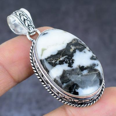 Natural Zebra Jasper Gemstone Handmade 925 Sterling Silver Pendant 2.17" W7t47