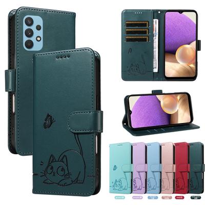Magnetic Leather Wallet Case for Samsung Galaxy A31 A32 A33 A34 A35 A36 A40 A41 A50 A51 A52 A53 A54 A55 4G 5G | Cat & Butterfly