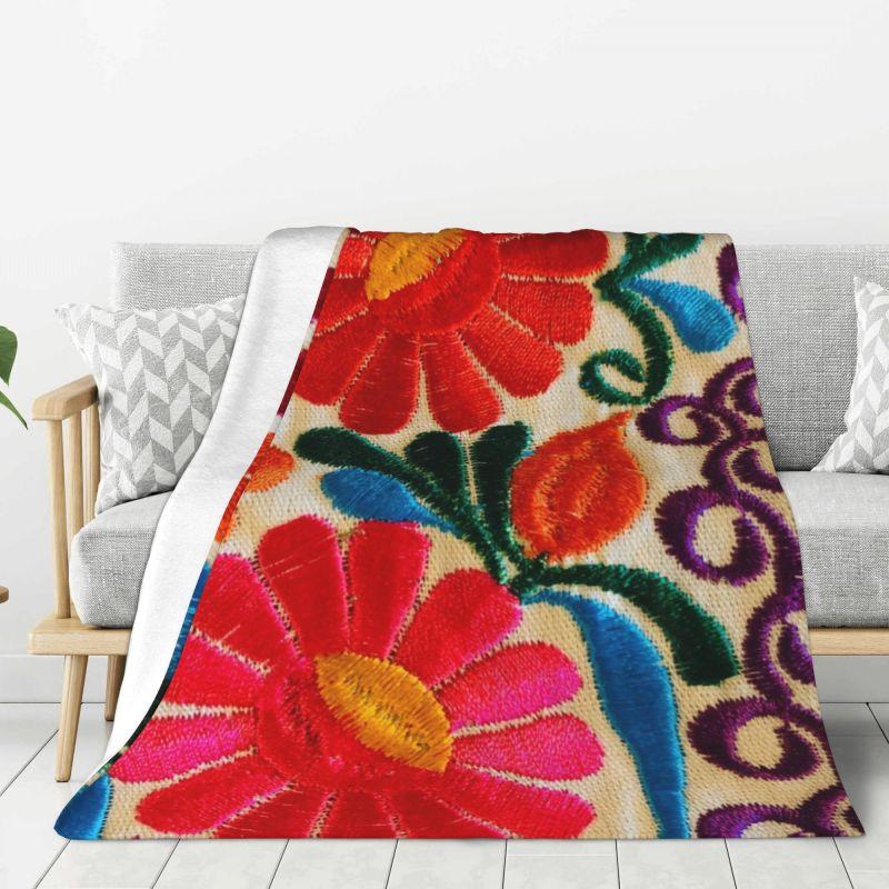 Custom Sofa Fleece Mexican Flowers Art Pattern Throw Blanket Warm Flannel Blankets for Bed Car Sofa Quilt
