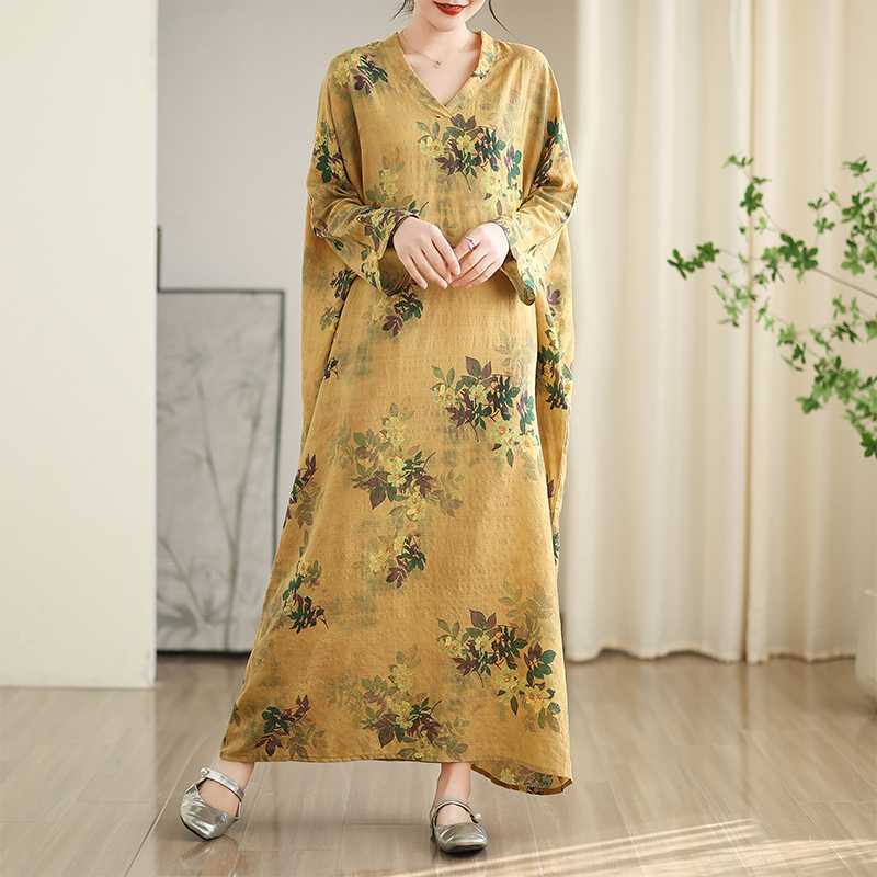 Colorful Vacation Style Travel V-neck Retro Long Skirt Cotton Linen Dress