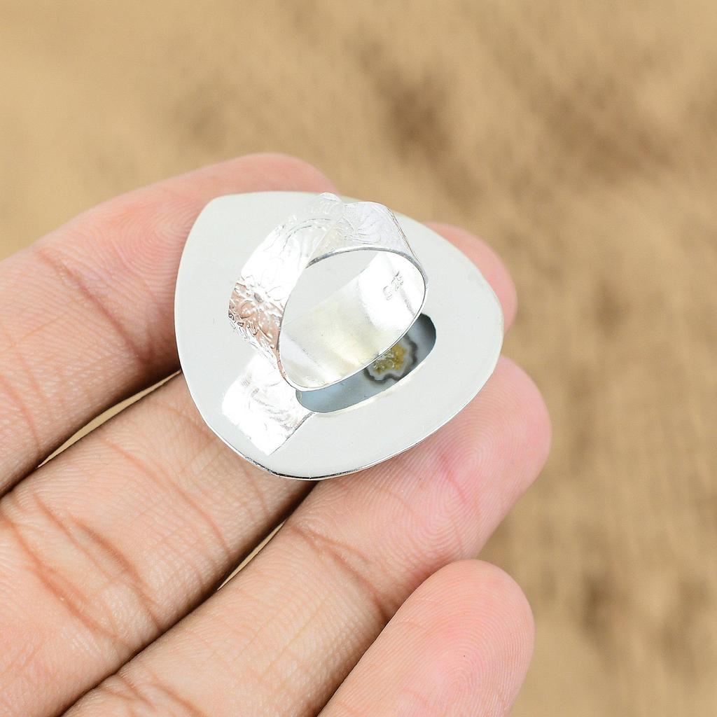 Natural Owyhee Blue Opal Promise Cresent Moon Adjustable Ring 925 Silver