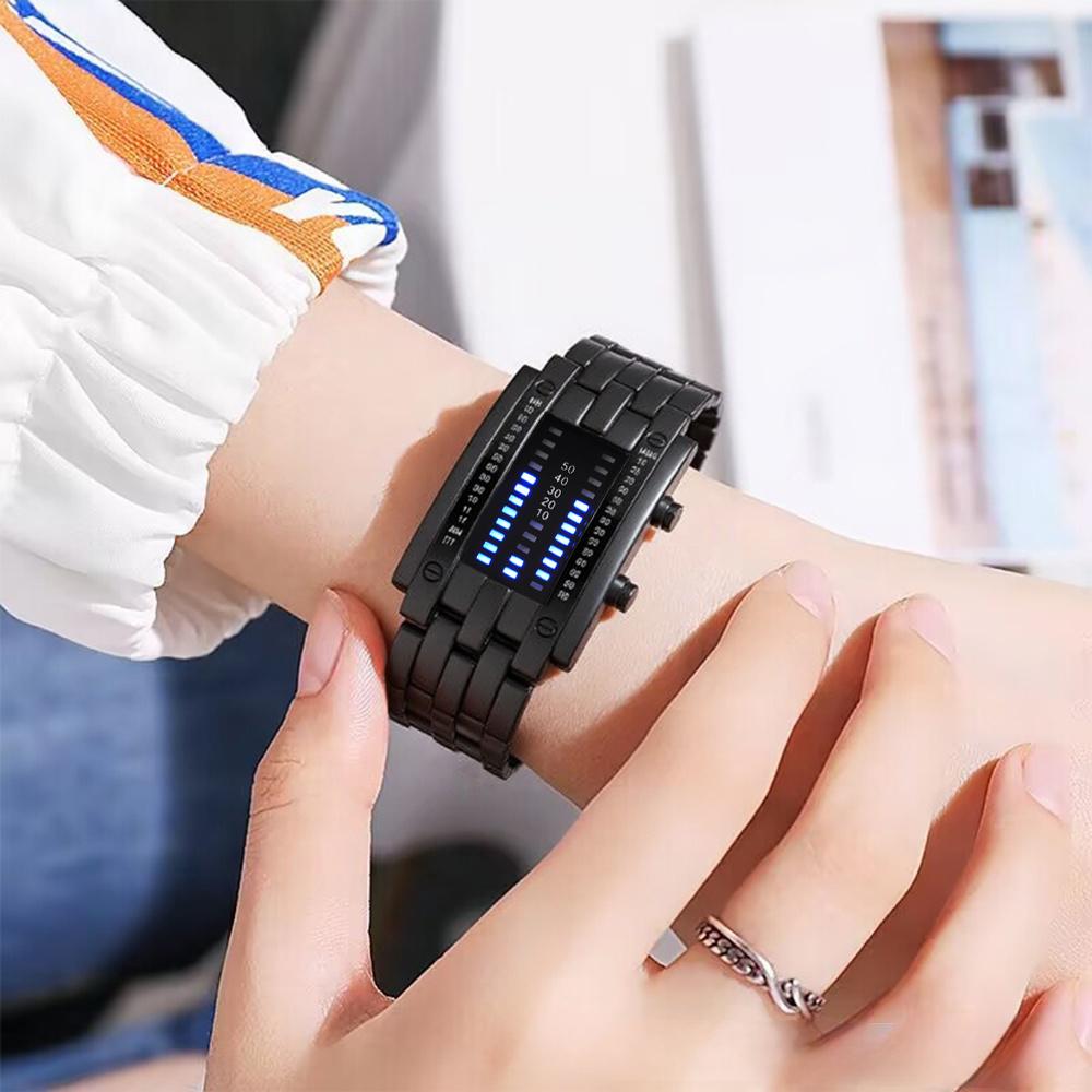 Korean-Style Trendy and Creative Led Dual-Row Quartz Binary Tungsten Steel Bracelet Watch, Iron Man Style for Men and Women, Couple s watch large чёрный
