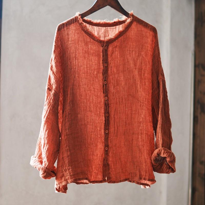 Johnature Vintage Women Shirts O-Neck Long Sleeve Button Blouses Autumn Loose Solid Color Casual Female Shirts