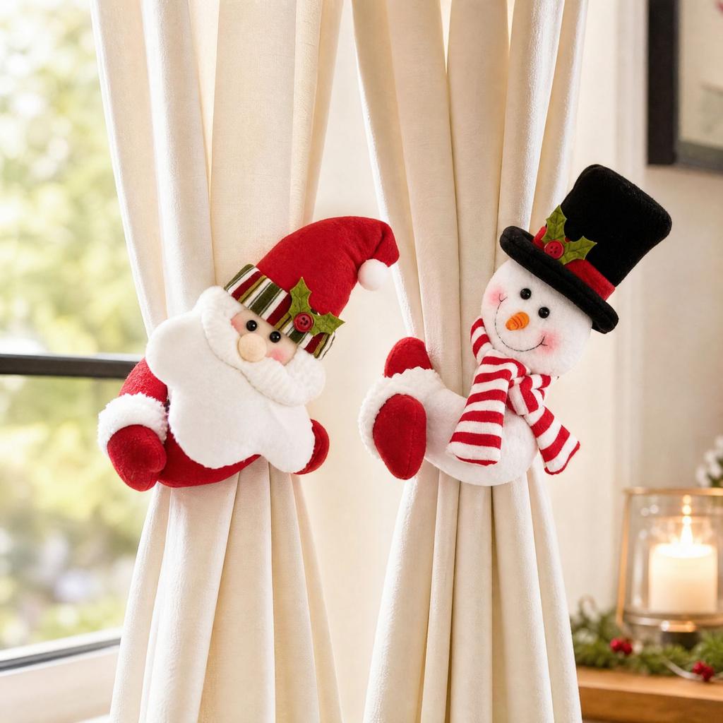Fabric Curtain Tiebacks and Snowman Doll Design for Christmas Holiday Window Decoration