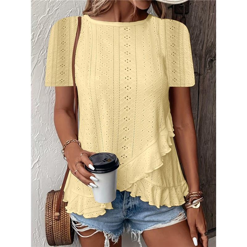 Women's Casual Hollow Out Ruffle Hem T-Shirt - Short Sleeve Round Neck Solid Color Top