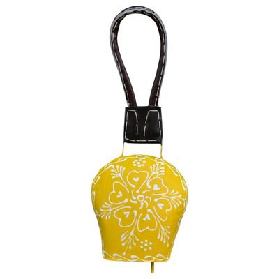 Sino de Vaca de Ferro Feito à Mão de 5 Polegadas com Tira de Couro para Decoração de Parede de Jardim, Sino de Vento Vintage para Som Tranquilo ao Ar Livre, Amarelo Pintado à Mão