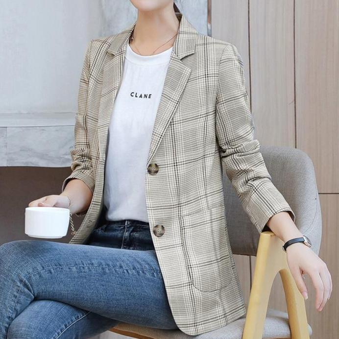 Клетчатый пиджак женский британский повседневный костюм весна офисная леди однобортный пиджак модный женский костюм клетчатая куртка S