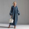 Women Deep Blue Loose Fit V Neck Button Front Puff Sleeve Denim Maxi Dress