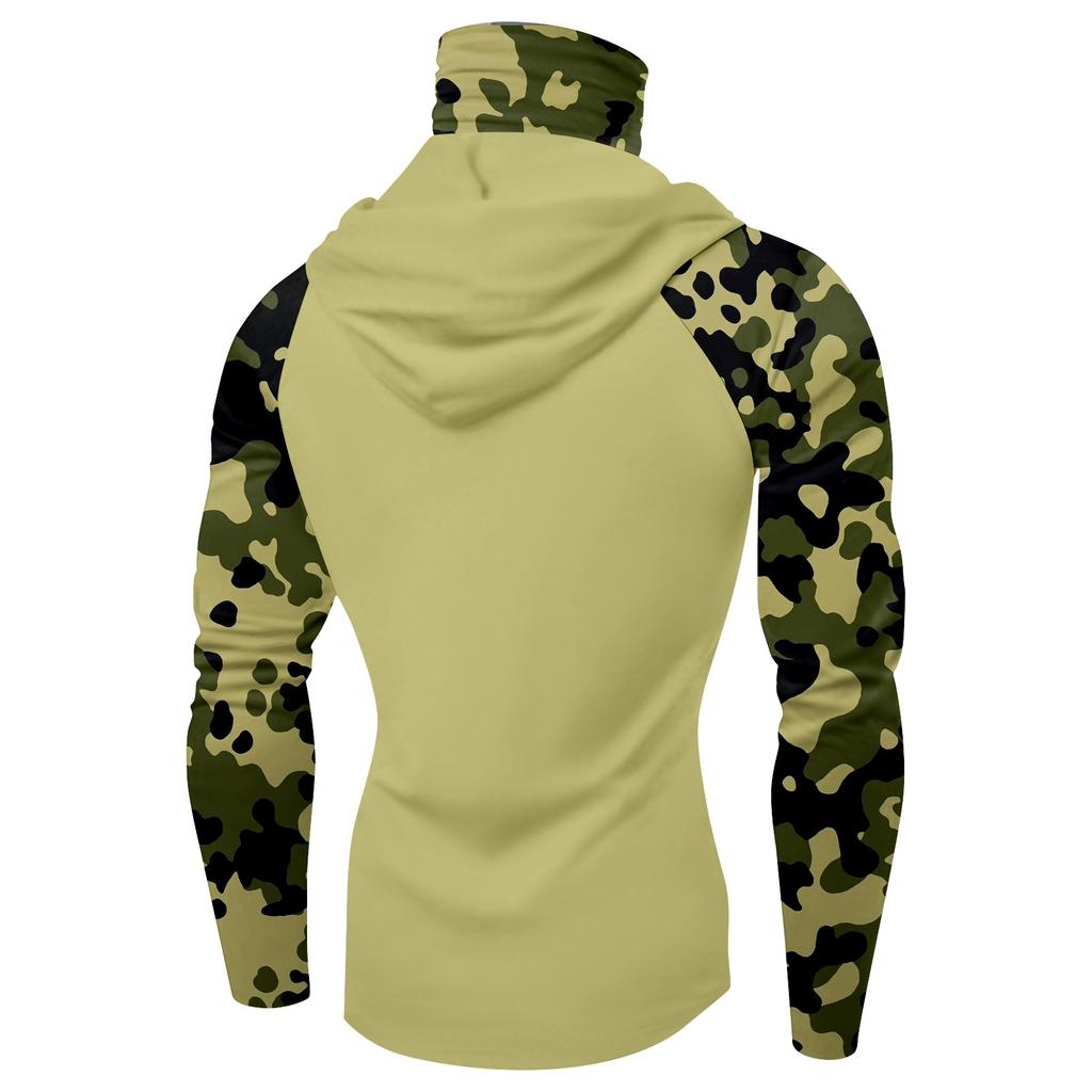 Long Sleeve Hooded Sun Protection Shirt with Face Cover and Camouflage Raglan Sleeves for Outdoor Activities Fishing Hiking Running
