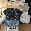 Boys' Short Sleeved Set Summer Children's Round Neck Printed T-shirt+casual Denim Shorts Boys' High-quality Clothes