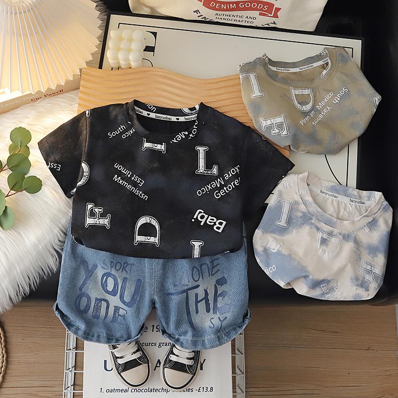 Boys' short sleeved set summer Children's round neck printed T-shirt+casual denim shorts Boys' high-quality clothes