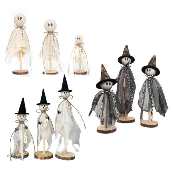 3Pcs Ghost Ornaments Wooden Halloween Decorations Adorable Shape Fabric Ghost Figures Table Decor Party Supplies