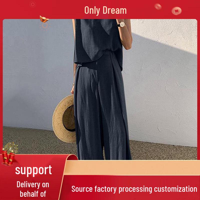 

2024 Spring/Summer Women s Cotton & Linen Sleeveless Top and Wide-Leg Pants Set S