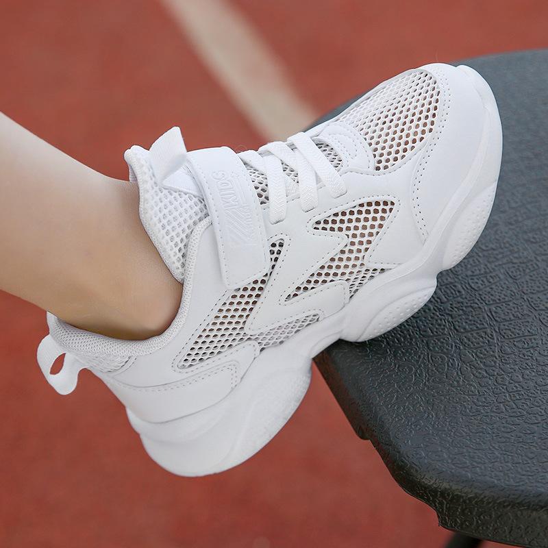 Spring and Summer Net Girls' Little Autumn and Winter Hollow Double Leather Classmate Sneakers Sports Air Freight White Casual Light Shoes